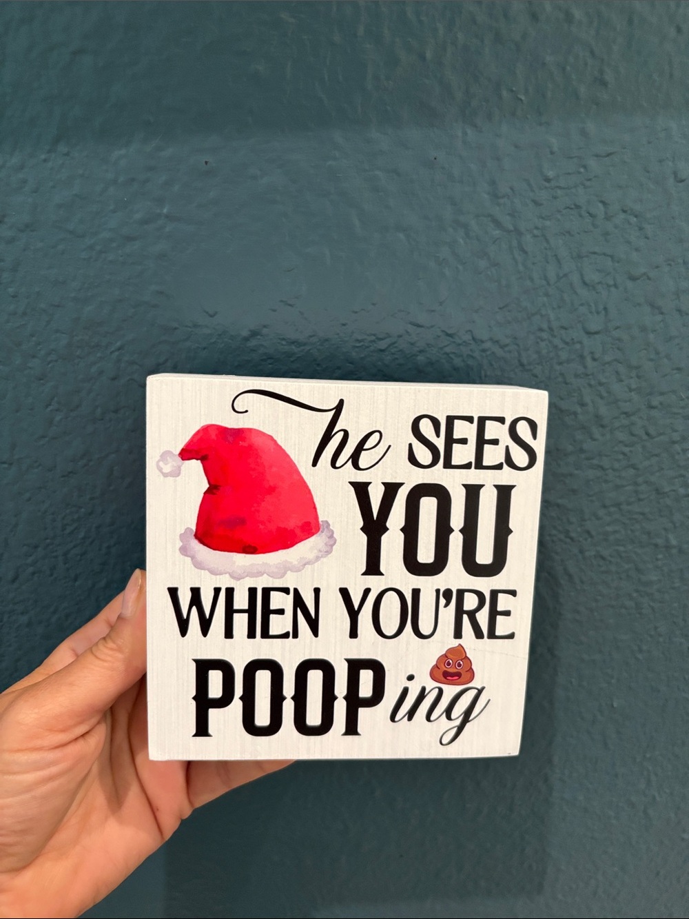 Holiday Bathroom Wood Block Sign - Red Santa Hat